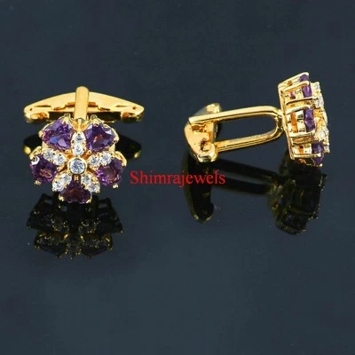 Pedra preciosa de ametista natural com abotoaduras de prata folheadas a ouro 18K #107 - Imagem 1 de 4