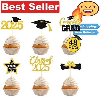 Празднуйте 2025 с 48 шт. черный и золотой блестящий Cupcake Toppers - легко собрать - Изображение 1 из 4