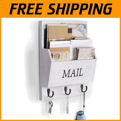 Rustic Wooden Mail Organizer with Key Hooks - Image 1 of 4