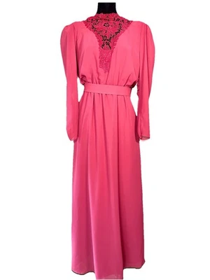 Vintage 70s Prom Dress Berry Pink Chiffon Lace Party Puff Sleeves & Belt Maxi M - Image 1 of 4