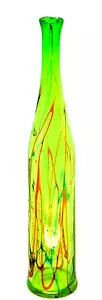 23-Inch-Tall Hand-Blown Green Art Glass Bottle Red Blue Splatter Ribbons - Bild 1 von 9