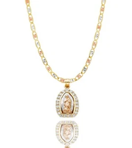 14k 3C Gold Virgin Mary Our Lady of Guadalupe Religious Pendant Valentino Chain - Picture 1 of 5