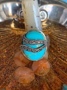 925K Thai Turquoise Ring Band with Studs Rhinestones Size 7 Wide Band - Picture 1 of 9