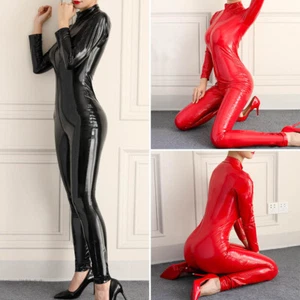 Damen Glänzend Wetlook Catsuit 2-Wege Zipper Body Overall PVC Lederlook Bodysuit - Bild 1 von 12