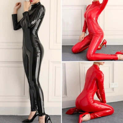 Damen Glänzend Wetlook Catsuit 2-Wege Zipper Body Overall PVC Lederlook Bodysuit - Bild 1 von 4