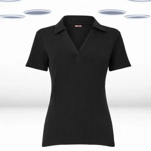 Ex Joe Browns Women's Short Sleeve Ribbed Jersey Polo Shirt in Black - Picture 1 of 6
