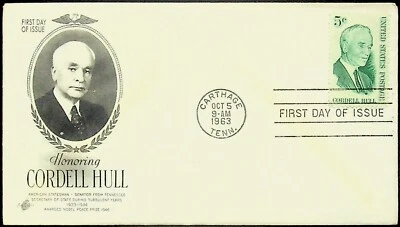 1963 Cordell Hull First Day Issue Cover - Carthage, Tenn. Nobel Peace Prize 5c - Image 1 of 2