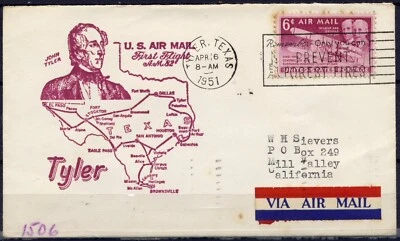 Cover First Flight United States, 1951. Tyler to Mill Valley. Texas Area, Tyle - Image 1 of 3
