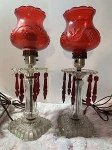 VINTAGE PAIR ETCHED CRANBERRY GLASS BOUDOIR 15" HURRICANE LAMPS (17E) - Picture 1 of 8