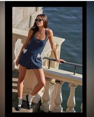 Free People CUERDA Mono Mameluco Lunares Lazo Halter Azul Talla L Foto 1 de 4