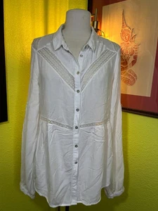 Free People Lace Trim Blouse Tunic Button Down Light Academia Prairie Top Collar - Picture 1 of 7