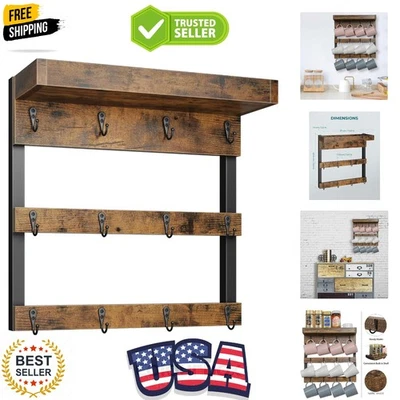 Elegante Portavasos Montado en la Pared con 12 Ganchos y Estante Desmontable - Marrón Rústico Foto 1 de 4