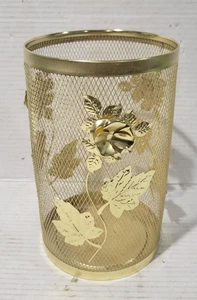 Vintage MCM Hollywood Regency Gold Metallgeflecht Blumen Papierkorb Dose - Bild 1 von 7