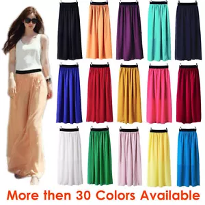 S Women Double Layer Chiffon Pleated Retro Long Maxi Dress Elastic Waist Skirt - Picture 1 of 26