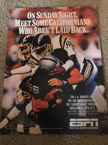 Vintage 1988 LOS ANGELES RAIDERS vs SAN DIEGO CHARGERS ESPN Poster Print Ad '80s Cover