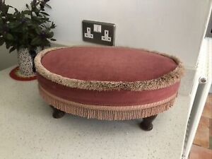 Nice Vintage 50/60s Oval  Footstool Pink Velour Fabric Upholstered Wood Oak Feet