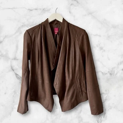 Chaqueta de Cuero G.I.L.I Frente Abierto Estampado Tonal Talla 8 Bolsillos Marrón Chocolate Foto 1 de 4