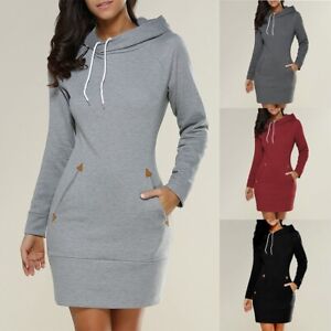 Loose Fit Red Pullover Sweatshirt Dress with Hood for Women Long Sleeve