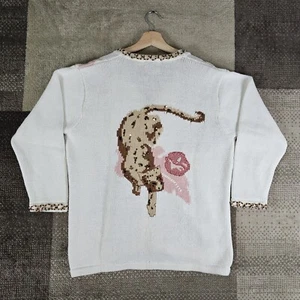 Vintage Storybook Knits Hidden Leopard Cardigan Sweater Womens L White Floral - Picture 1 of 7
