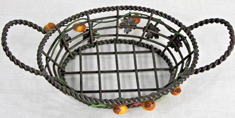 Vintage Copper Wire Oval Basket With Handles - Nuts, Leaves Cover