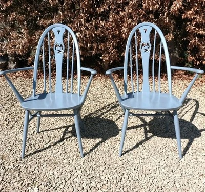 LARGER SOLID ELM ERCOL SWAN BACK CARVER CHAIRS IN MANOR HOUSE GREY FARROW & BALL - Image 1 of 4