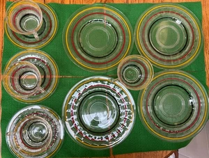 11 Pc. Anchor Hocking 1934 Banded Rings Red Yellow Black Tea Cup/Saucer & Plates - Picture 1 of 15