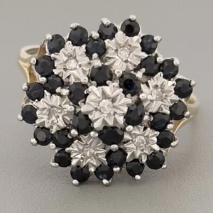 9ct Yellow Gold Sapphire & Diamond Cluster Ring, UK Size R - Picture 1 of 6