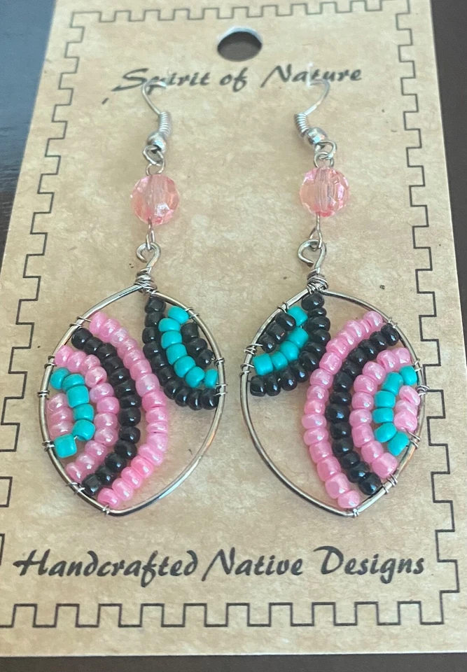 Spirit of Nature Earrings -oval- seed  beads-  pink turquoise black- French wire Foto 1 de 1