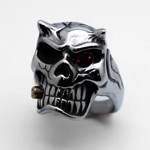 Men's Horned Skull with Red Glass Eye Ring Biker Stainless Steel Ring 107 - Picture 1 of 1