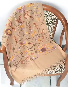 TAN BROWN Hand Embroidered Throw 4ply 100% Cashmere Soft Warm Chair Sofa Blanket - Picture 1 of 5