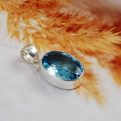 Ästhetisch Schweizer Blau Topas Edelstein 925 Sterlingsilber Handmade Anhänger - Bild 1 von 4