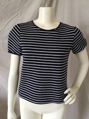 French Connection Navy Blue/White Striped Viscose Knit Shirt Sleeve Top Sz M - Image 1 of 4