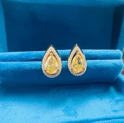 4.40CT Lab-Grown Fancy Vivid Yellow Diamond 14k White Gold Pear Cut Stud Earring - Image 1 of 4