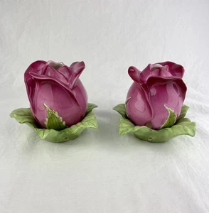 Pair 3D Pink Rosebud Ceramic Fairy Lamp Tealight Candle Holder Rose Petal Garden - Picture 1 of 13