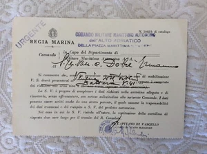 REGIA MARINA 1939 XVII E.F. CARTOLINA CONVOCAZIONE TENENTE VASCELLO ADRIATICO - Picture 1 of 2