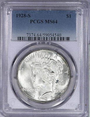 1928-S Peace Dollar $1 PCGS MS64  - Splash of Color and Blazing Luster! - Image 1 of 4