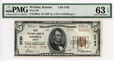 1929 Wichita, Kansas $5 note First NB CH#2782 PMG 63 EPQ - Image 1 of 2