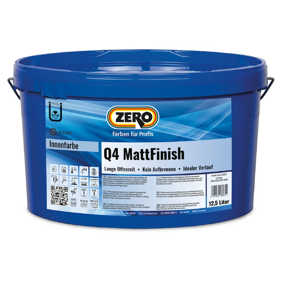 ZERO Q4 Mattfinish Premium Wandfarbe Innenfarbe Scheuerbeständig 12,5L weiß Kl.1 - Bild 1 von 1