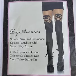 Leg Avenue Spandex Skull & Crossbone Opaque Pantyhose With Sheer Thigh Accent - Picture 1 of 4