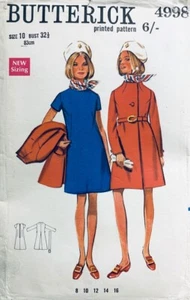 Vintage Butterick Pattern 4998 Misses Dress & Funnel Neck Coat Size 10 UNUSED - Picture 1 of 2