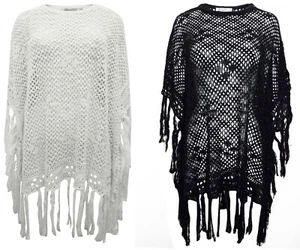 NEW MISS MILLA BLACK OR CREAM OPEN KNIT TASSELS TRIM PONCHO SIZE 12/14 16/18 ** - Picture 1 of 7