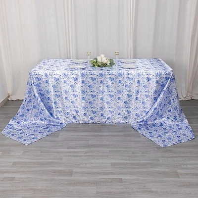 MANTEL 90" X 156" BLANCO AZUL Floral Satinado Rectangular Fiesta Decoración Hogar Foto 1 de 4