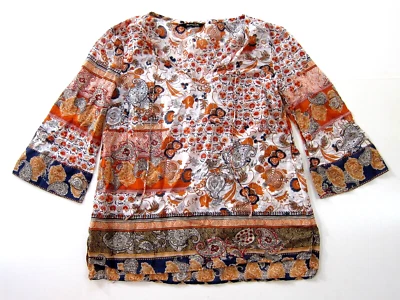 Massimo Dutti Cotton Orange Floral Lightweight 3/4 Sleeve Tunic Peasant Blouse 4 - Image 1 of 4