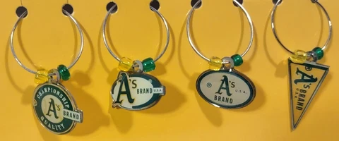 NEW! Oakland Athletics A's Wine Glass Charms Set 4 Enamel Classic Logos & Banner Cover