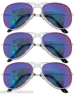 3 PAIA OCCHIALI DA SOLE STILE AVIATORE MONTATURA ARGENTO LENTI A SPECCHIO COLORATE BLU-VERDE - Foto 1 di 5