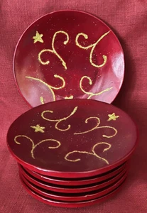 Set 8 piccoli piattini decorativi in ceramica oro rosso ceramica d'epoca - Foto 1 di 8