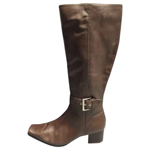 Chadwicks Tall Boots Women 8 Brown Leather Block Heel Square Toe Buckle Side Zip - Picture 1 of 14