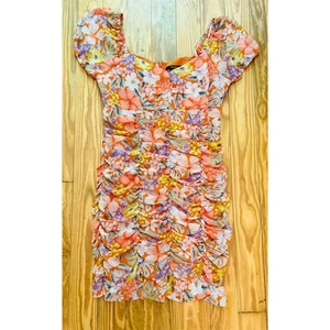 Forever 21 Women Ruched Mini Dress Tropical Floral Print L garden party feminine - Picture 1 of 6
