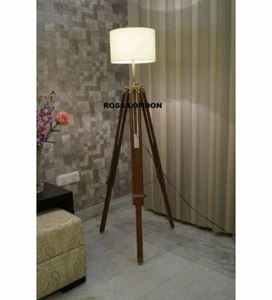 Retro Antique Floor Shade Lamp Brown Wooden Tripod Lighting Stand Home Decor NEW - Picture 1 of 6