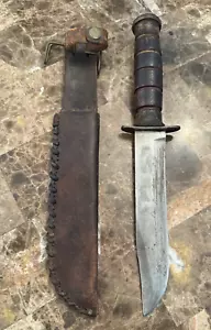 USN MK2 WW2 KA-BAR 7" Stacked Leather Handle Fixed Blade Bowie Knife With Sheath - Picture 1 of 23